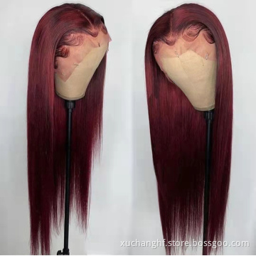 Brazilian real 100% Colored Raw Virgin human virgin hair hd Transparent human 99J Red Burgundy Deep wave curly lace wig